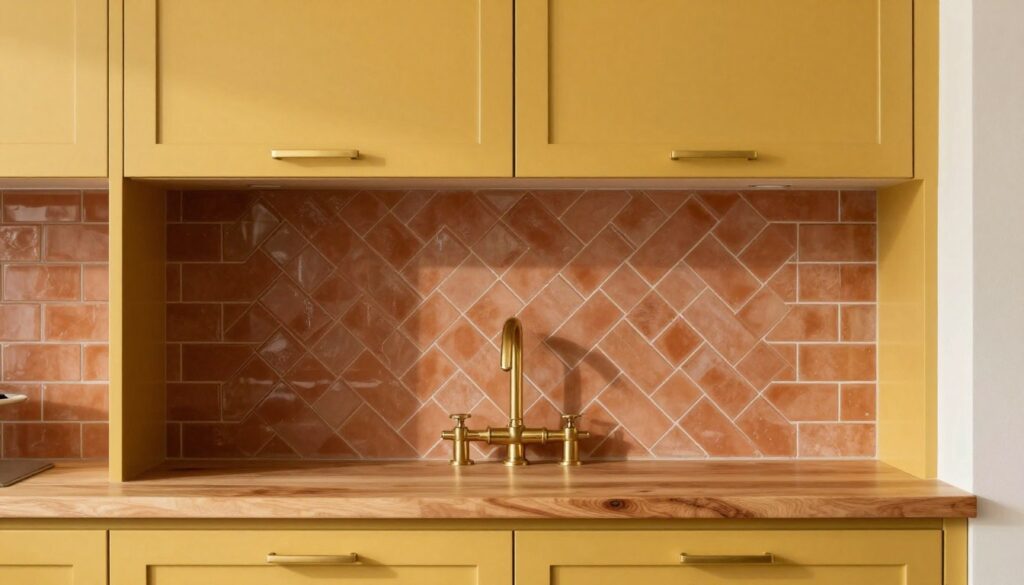 mustard yellow kitchen cabinets with terracotta tile backsplash and wood countertops