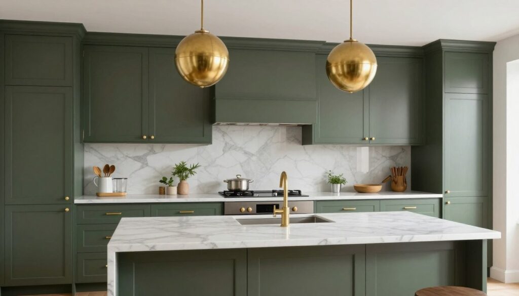 olive green kitchen cabinets with large brass pendant lights