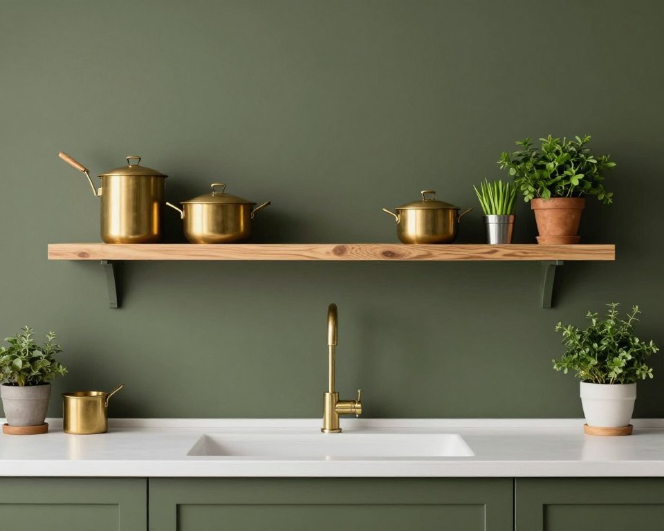 olive green kitchen with open wood shelving and plants
