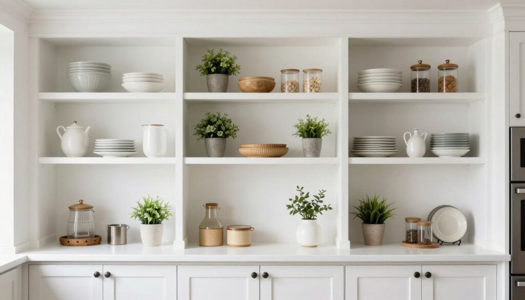 open kitchen shelves decorated with seasonal items