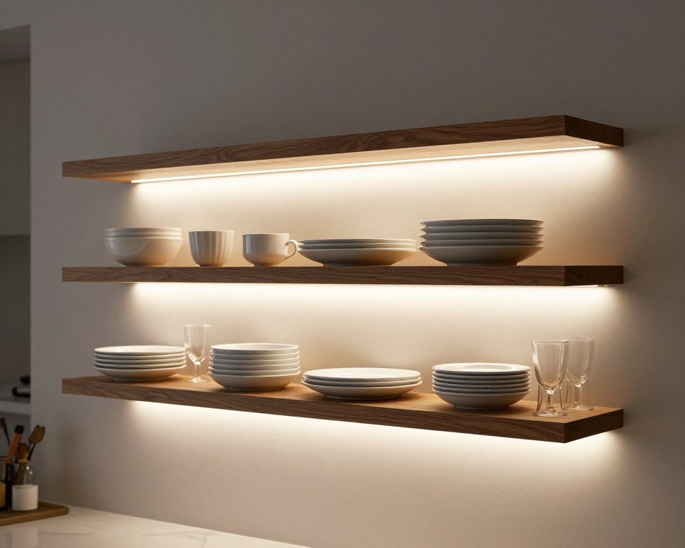 open kitchen shelves with under-shelf LED lighting