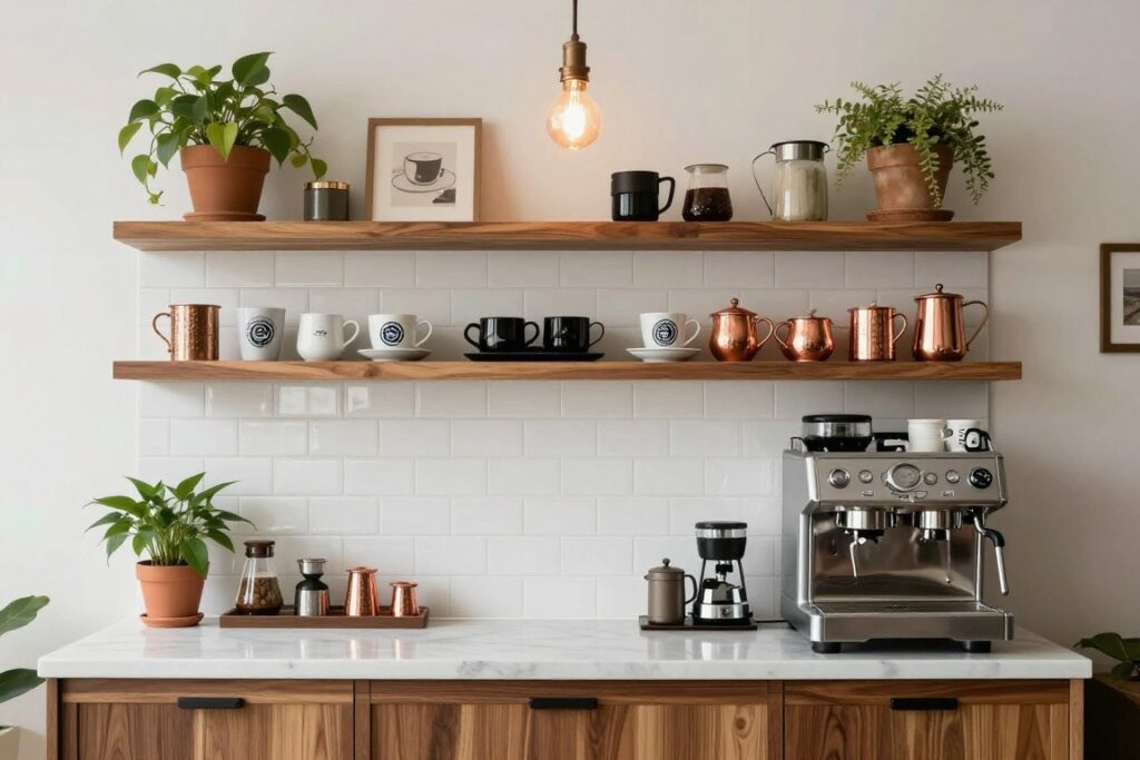 open shelf coffee bar station with display storage in luxury kitchen
