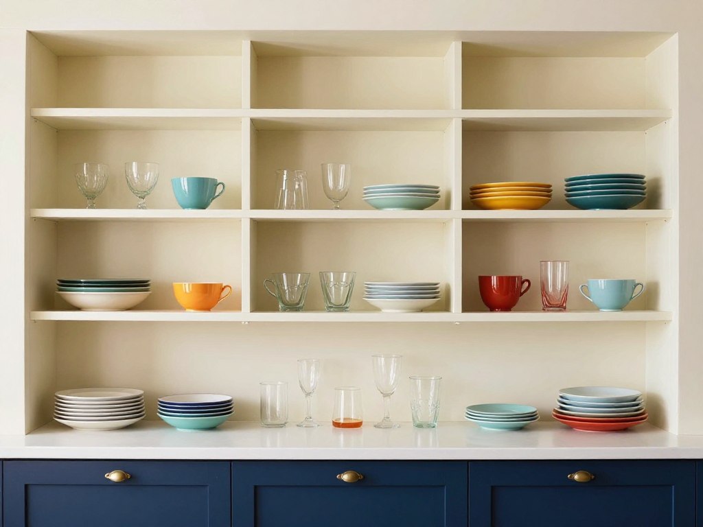 open shelving with vintage dishware in two-tone kitchen