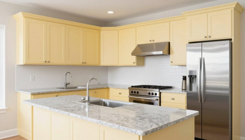 pale butter yellow kitchen cabinets with gray quartz countertops