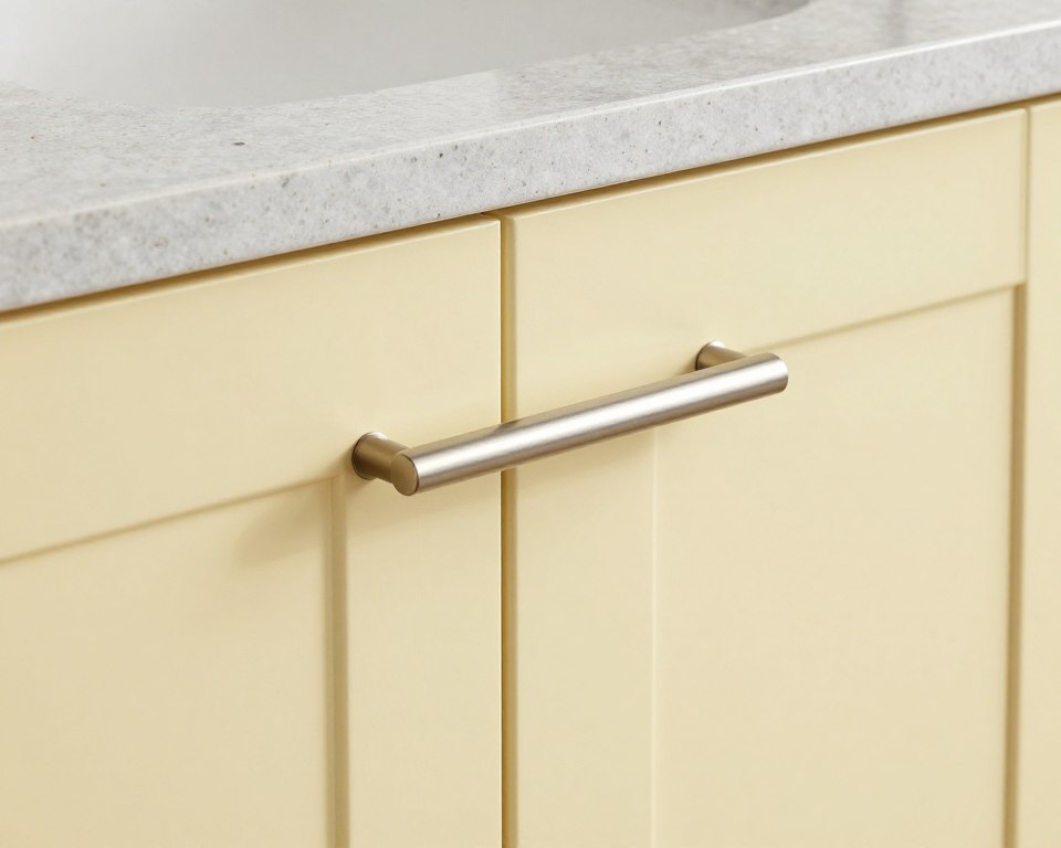 pale yellow cabinet with brushed nickel hardware and gray countertop