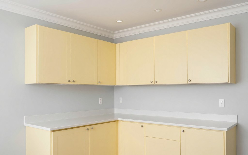 pale yellow cabinets against light gray painted walls