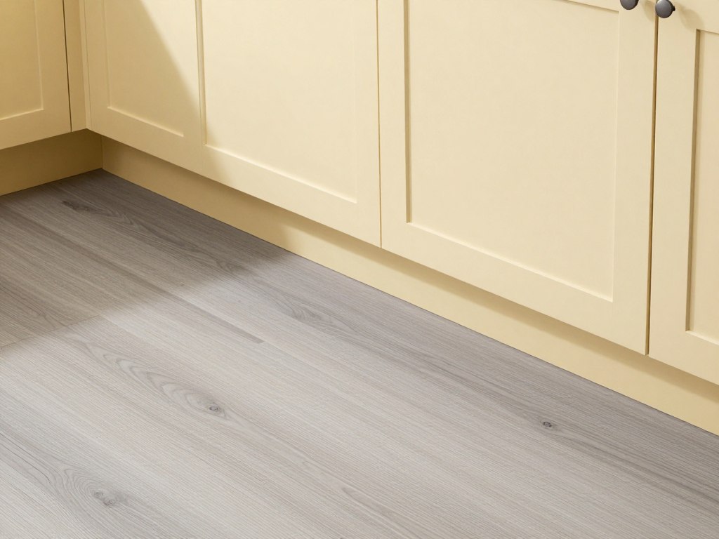 pale yellow cabinets with gray-washed wood flooring
