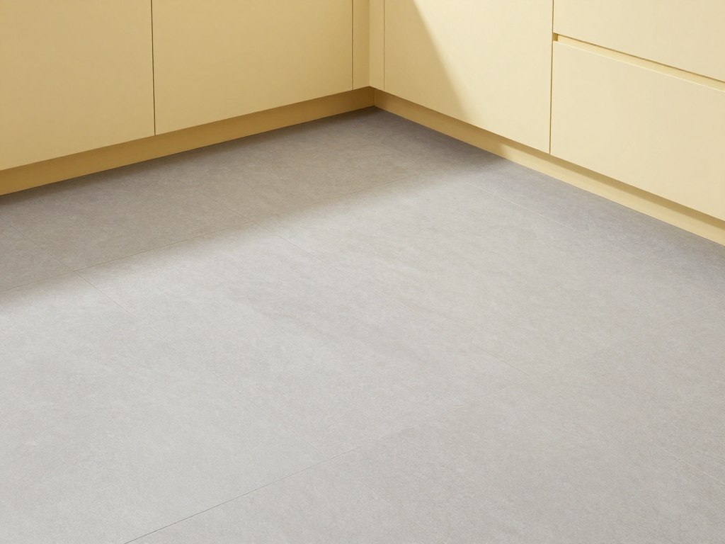 pale yellow kitchen cabinets with large gray tile flooring