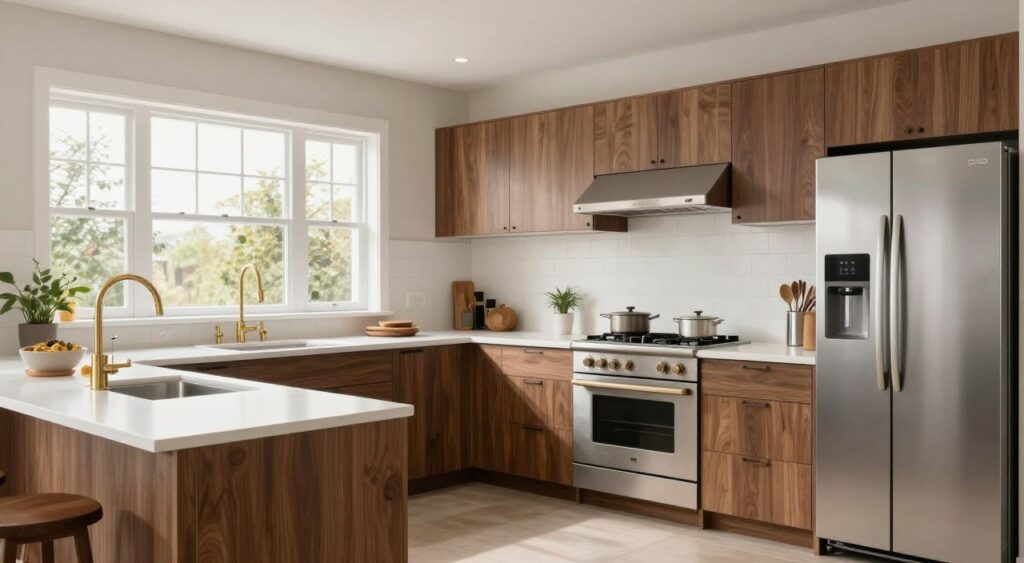 panoramic view of balanced vintage modern kitchen