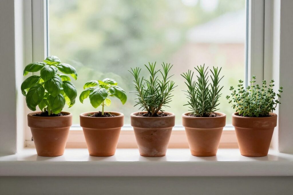potted herbs arranged on kitchen windowsill