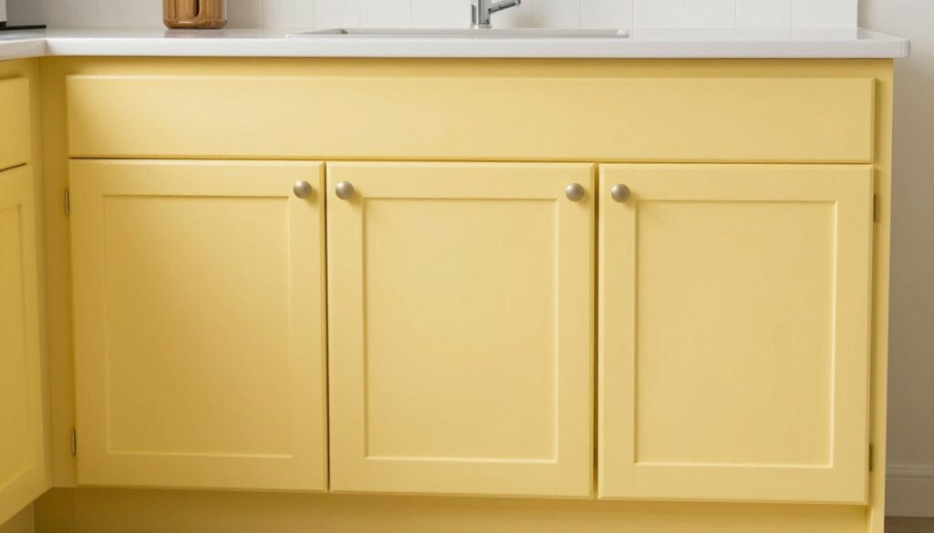 professionally painted yellow kitchen cabinets with flawless finish