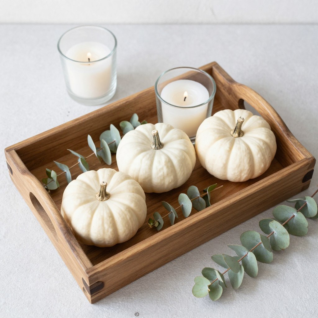 rustic wooden tray with seasonal decor arrangement