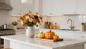seasonal kitchen decor with fresh flowers and rustic elements