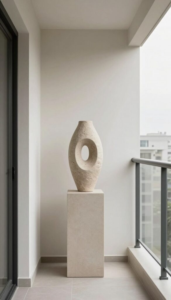 single modern sculpture as focal point on minimalist balcony