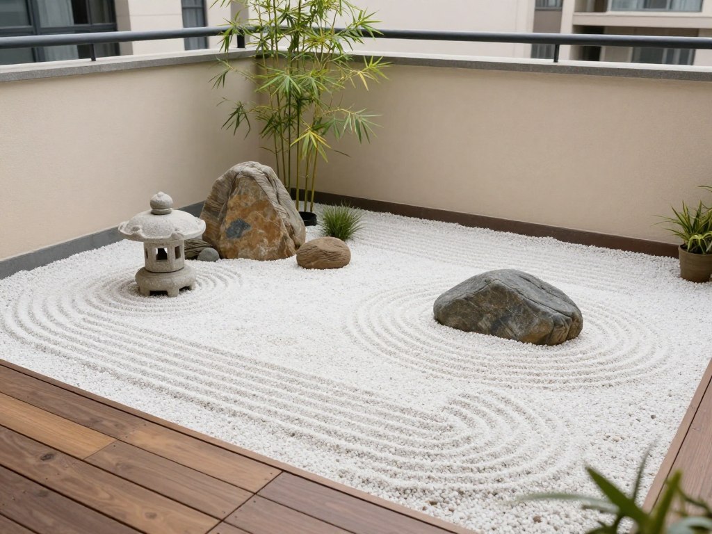 small japanese zen garden on apartment balcony with rocks and raked gravel