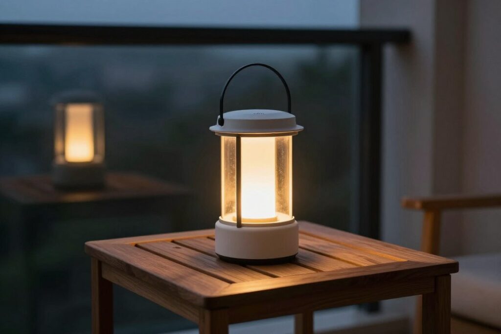 solar lantern on balcony table at evening