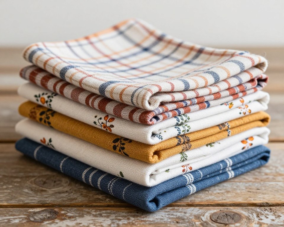 stack of seasonal kitchen towels in various patterns