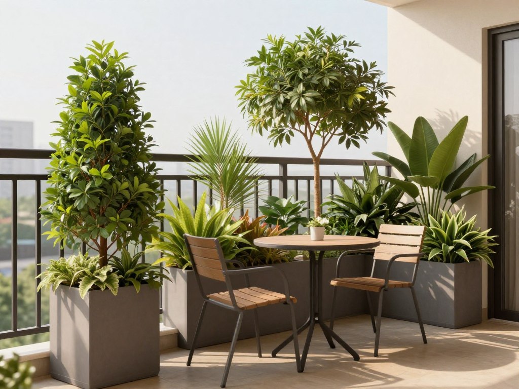 strategic balcony furniture arrangement with tall planters creating privacy zones