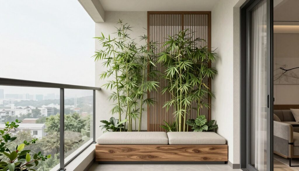 stylish apartment balcony with cohesive privacy design showing varied heights and textures