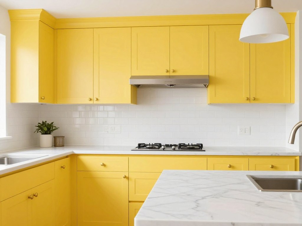 sunny yellow kitchen cabinets with white marble countertops and subway tile backsplash