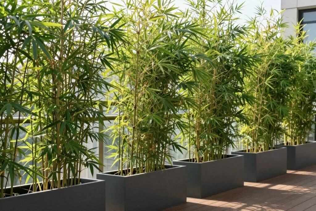 tall bamboo plants in large planters creating privacy wall on balcony