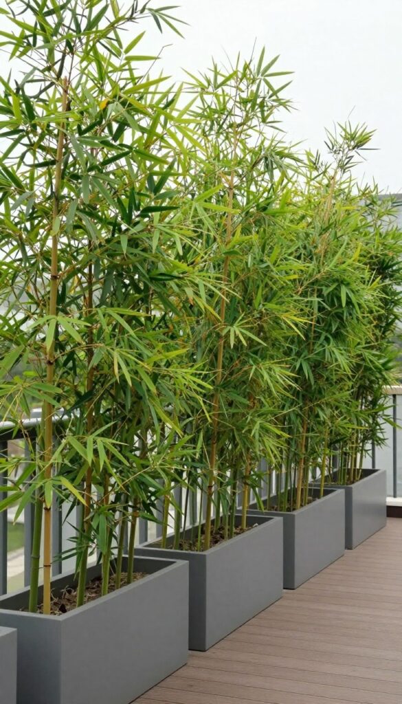 tall bamboo plants in planters creating natural privacy screen