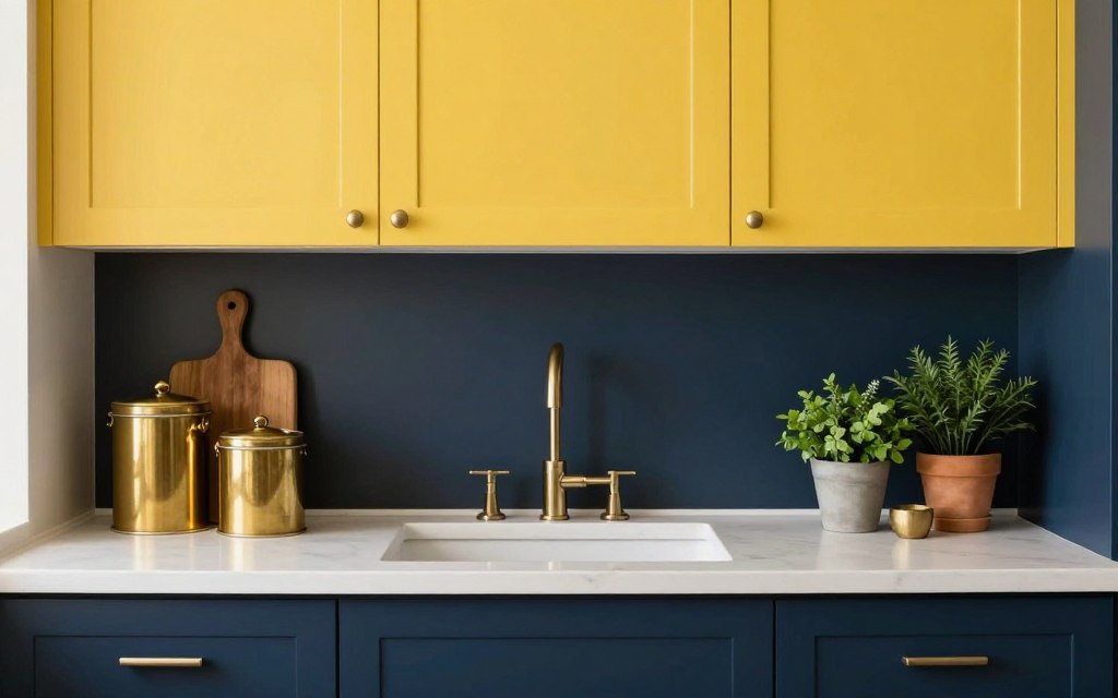 two-tone kitchen with brass accessories and green plants