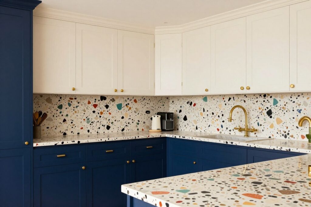 two-tone kitchen with navy lower cabinets and cream upper cabinets featuring terrazzo countertops