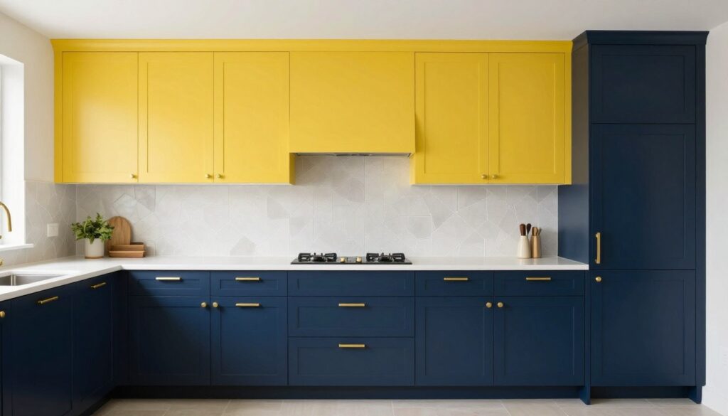 two-tone kitchen with yellow upper cabinets and navy lower cabinets