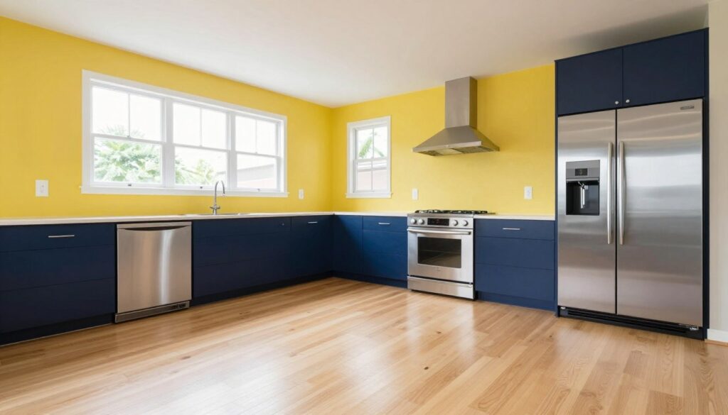two-tone yellow and navy kitchen with light wood flooring