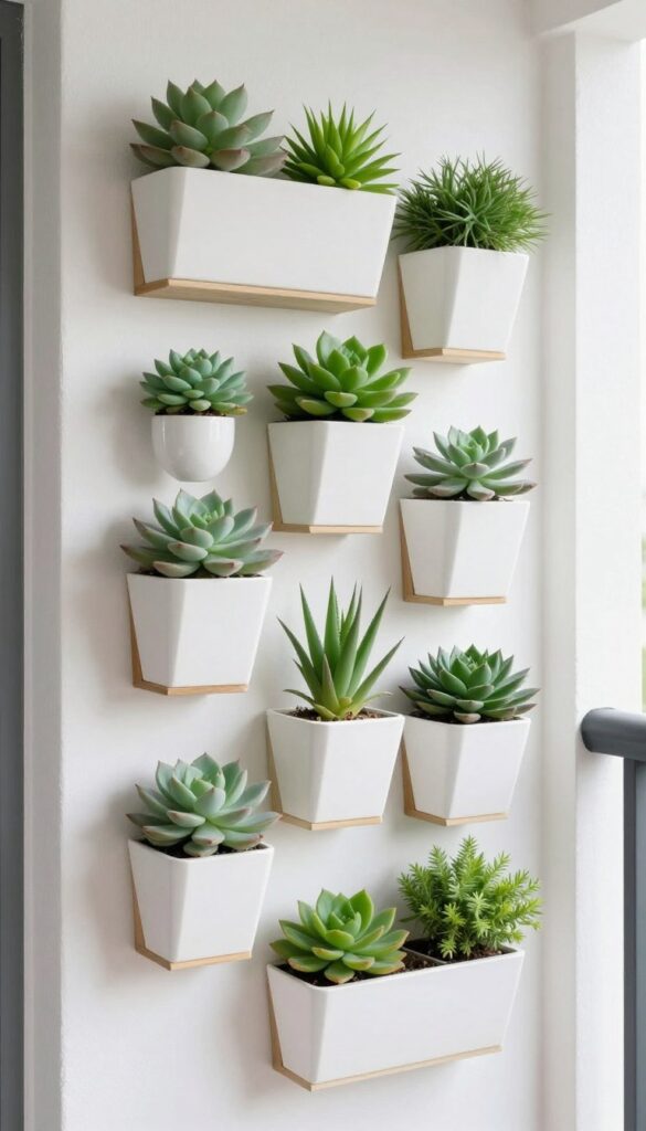vertical wall garden with succulents on apartment balcony