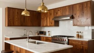 vintage modern kitchen ideas featuring mid-century cabinetry with contemporary marble countertops