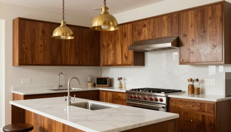 vintage modern kitchen ideas featuring mid-century cabinetry with contemporary marble countertops
