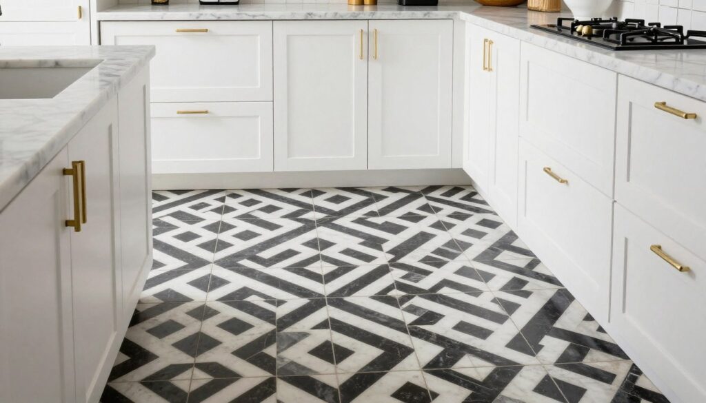 vintage modern kitchen with geometric patterned floor tiles