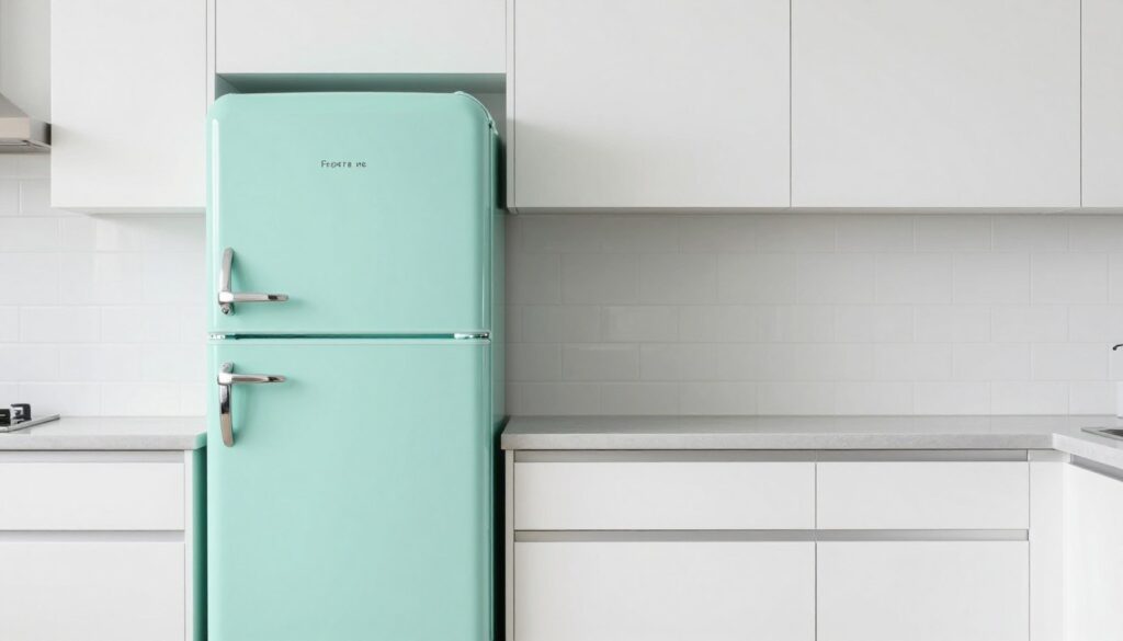 vintage modern kitchen with retro refrigerator and contemporary cabinets