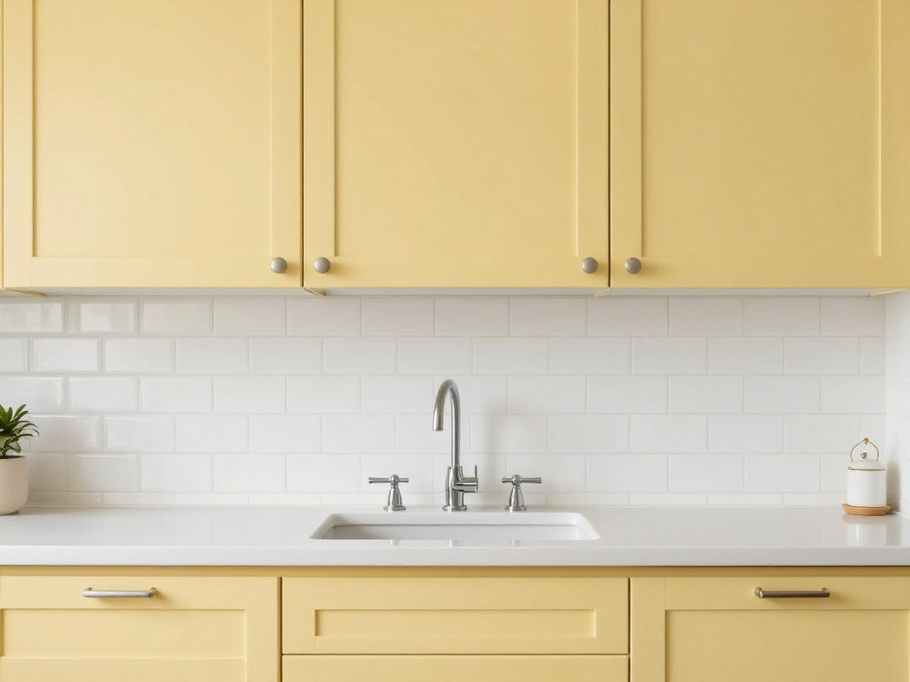 vintage yellow cabinets with white subway tile backsplash