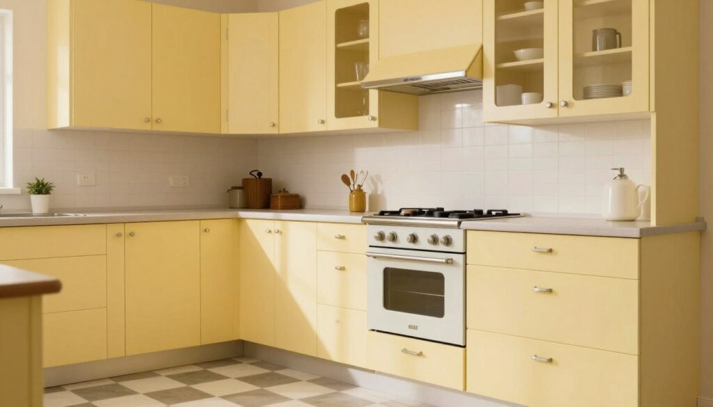 vintage yellow kitchen cabinets with retro chrome hardware and curved edges