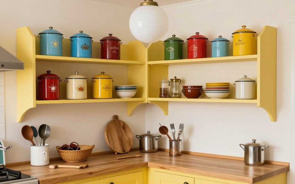 vintage yellow kitchen with retro accessories and globe pendant lights