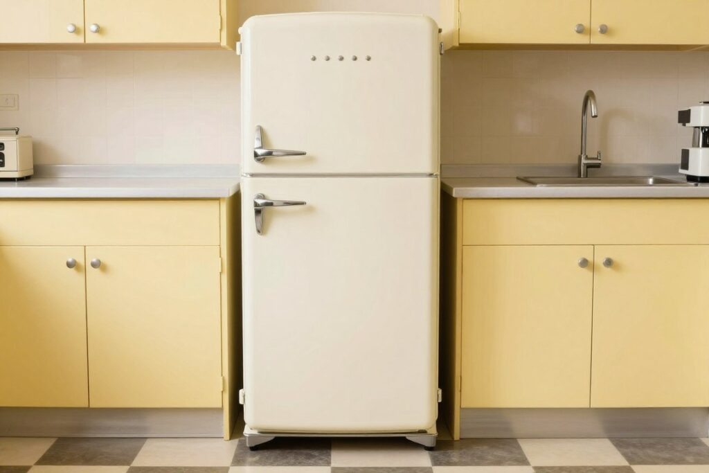 vintage yellow kitchen with retro-style cream refrigerator