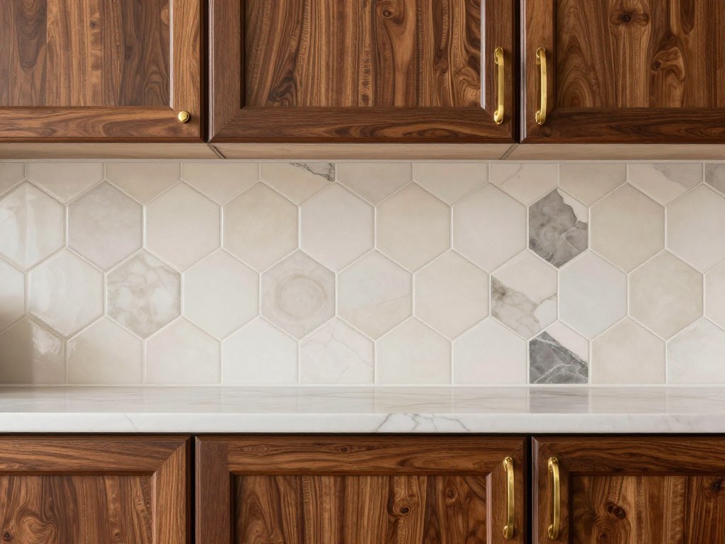 walnut kitchen cabinets with geometric tile backsplash in vintage modern style