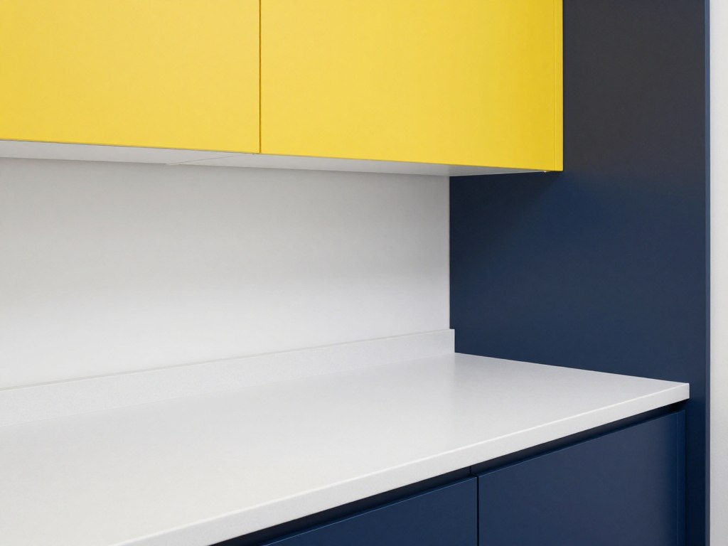 white countertop between yellow and navy cabinets