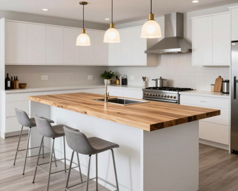 white kitchen island with butcher block countertop