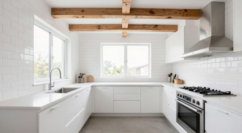 white kitchen with subway tile backsplash and wood beam ceiling
