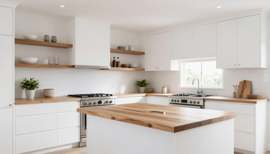 white kitchen with wood island countertop and floating shelves