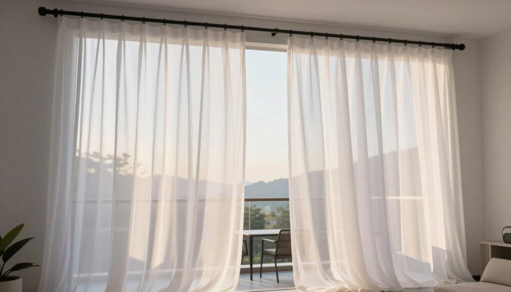 white outdoor curtains hanging on apartment balcony with curtain rod