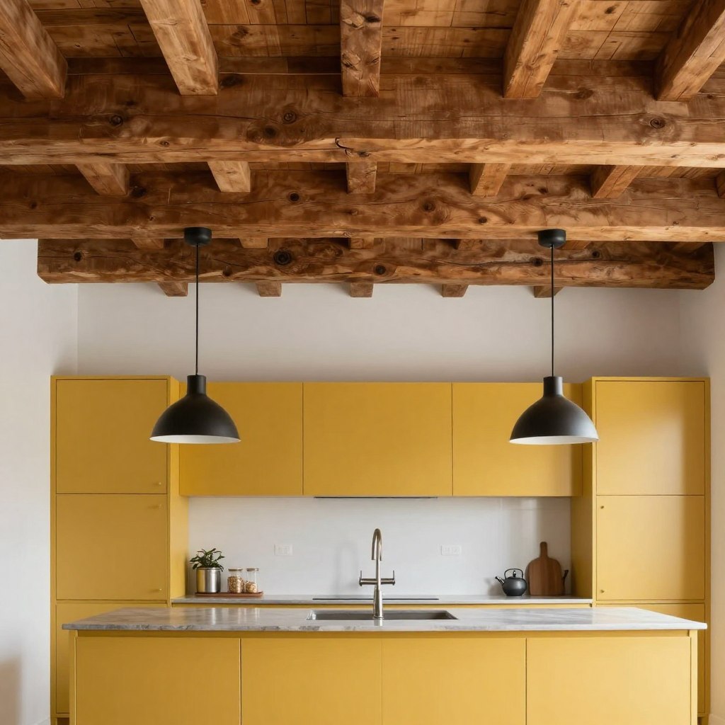 wood ceiling beams above mustard yellow kitchen cabinets