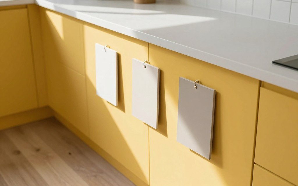 yellow cabinet door samples against existing kitchen elements