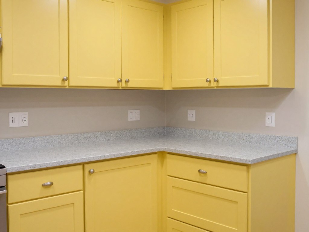 yellow cabinets coordinating with existing gray countertops