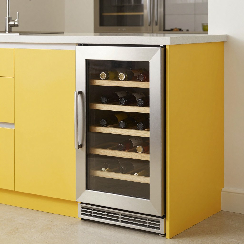 yellow island with integrated wine refrigerator