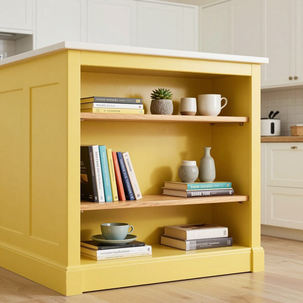 yellow island with open shelving displaying cookbooks